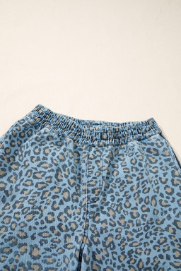 Blue Leopard Print Exposed Seam Detail Wide Leg Drawstring Jeans