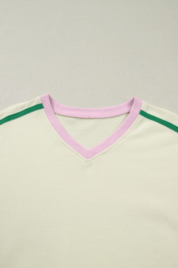 Beige Ribbed Colorblock Trim V Neck Sporty Pullover Mini Skort 2pcs Athleisure Set