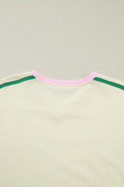 Beige Ribbed Colorblock Trim V Neck Sporty Pullover Mini Skort 2pcs Athleisure Set