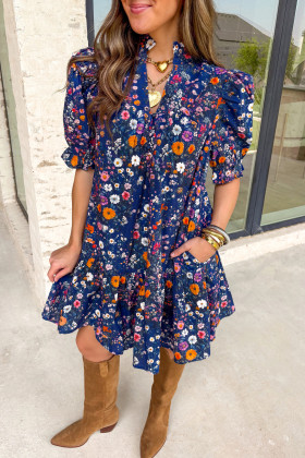Blue Wild Daisy Floral Split Neck Short Puff Sleeve Mini Dress