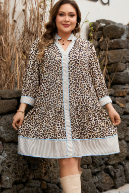 Khaki Plus Size Leopard Print Striped Trim V Neck Drop Waist Long Sleeve Mini Dress