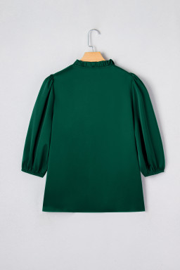 Blackish Green Solid Color Frilled V Neck Bow Detail 3/4 Sleeve Blouse