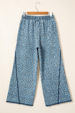 Blue Leopard Print Exposed Seam Detail Wide Leg Drawstring Jeans
