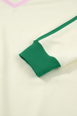 Beige Ribbed Colorblock Trim V Neck Sporty Pullover Mini Skort 2pcs Athleisure Set