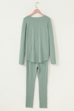 Grass Green Ribbed Notched Neck Knit Long Sleeve Leggings Two Pieces Lounge Set