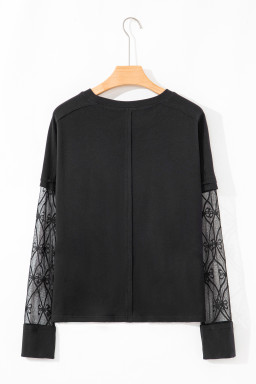 Black Solid Color Bow Textured Patchwork Long Sleeve Tee