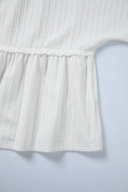 White Solid Color Textured Drop Shoulder Long Sleeve Peplum Top