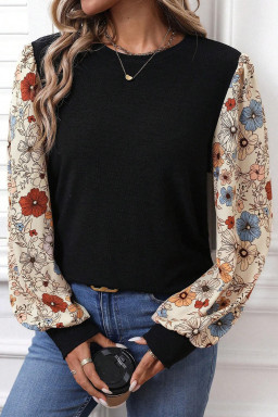 Apricot Flower Puff Sleeve Patchwork Top