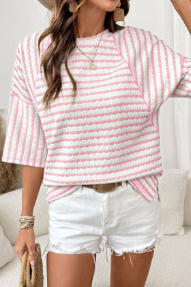 Pink Stripe Textured Knit Split Hem Half Sleeve Loose Top