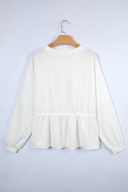 White Solid Color Textured Drop Shoulder Long Sleeve Peplum Top