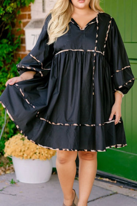 Black Plus Size Long Sleeve Leopard Contrasted Trim Tie Neck Flared Mini Dress