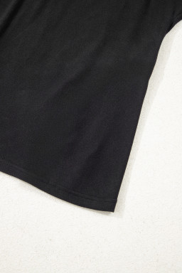 Black Solid Color Bow Textured Patchwork Long Sleeve Tee