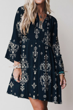 Blue Boho Floral Print Lettuce Trim 3/4 Sleeve Mini Dress