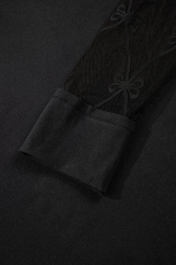 Black Solid Color Bow Textured Patchwork Long Sleeve Tee