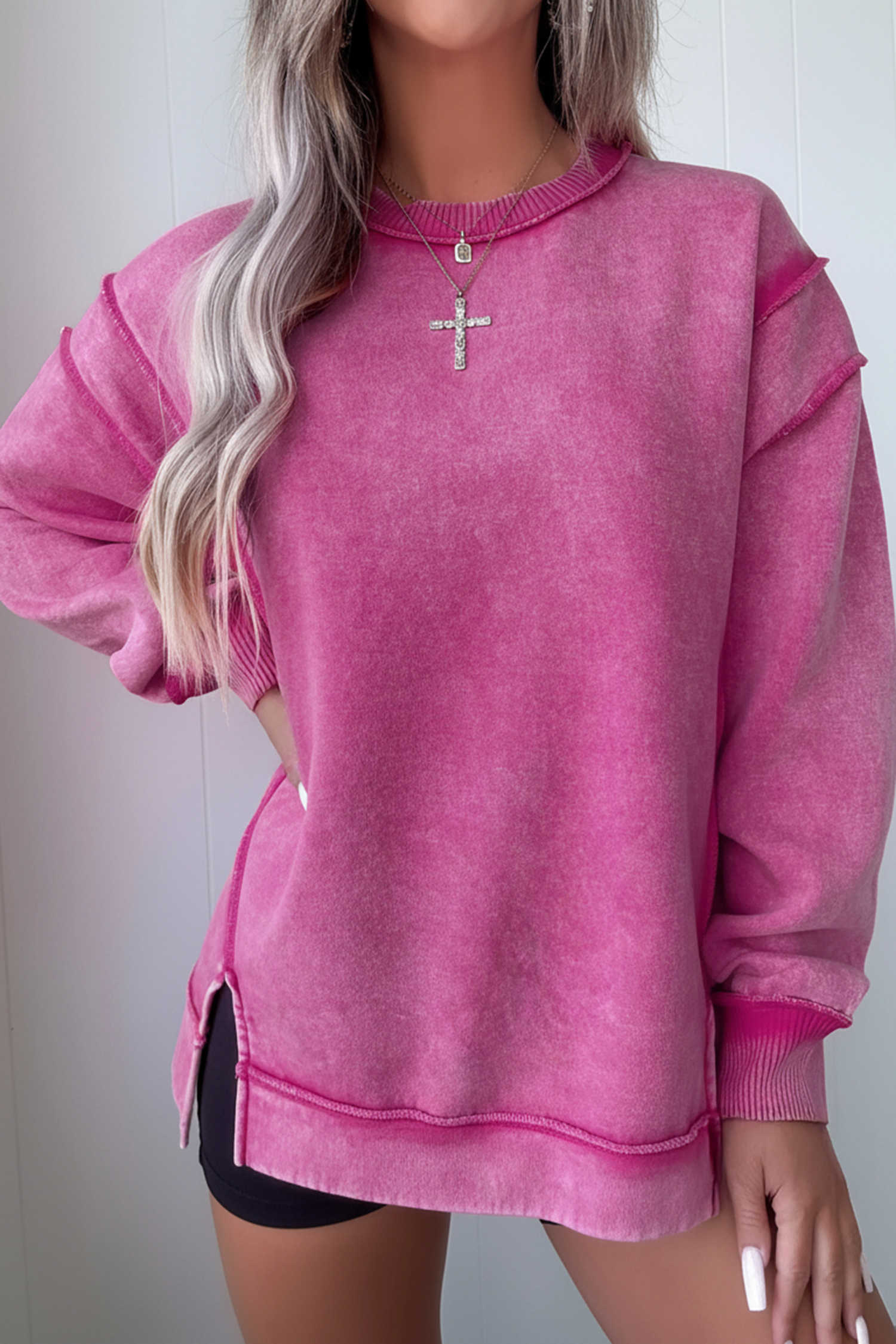 Rose Red Mineral Wash Exposed Seam Side Slit Sweatshirt