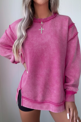 Rose Red Mineral Wash Exposed Seam Side Slit Sweatshirt