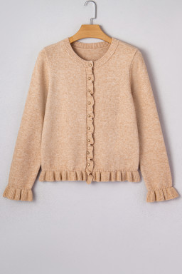Oatmeal Ruffle Trim Gold Button Sweater Cardigan