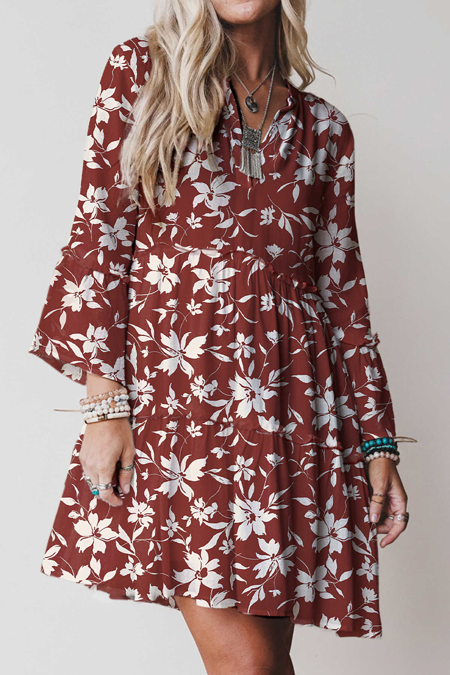 Red Boho Floral Print Lettuce Trim 3/4 Sleeve Mini Dress