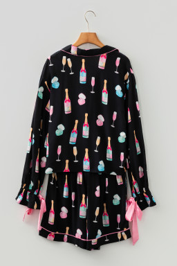 Color black Christmas Wine Glass Print Bow Knot Two Piece Pajama Set