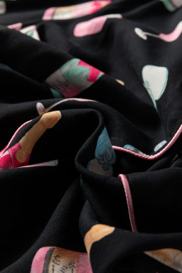 Color black Christmas Wine Glass Print Bow Knot Two Piece Pajama Set