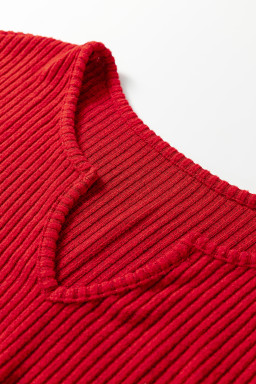 Racing Red Ribbed Notched Neck Knit Long Sleeve Leggings Two Pieces Lounge Set