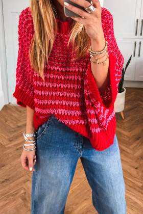 Red Stripe 3/4 Draped Sleeve Slouchy Sweater