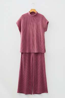 Burgundy Twisted Ribbed High Neck Loose Tee Elastic High Waist Loose Pant Set