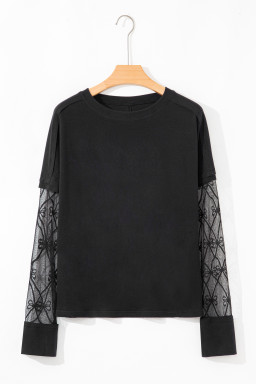 Black Solid Color Bow Textured Patchwork Long Sleeve Tee