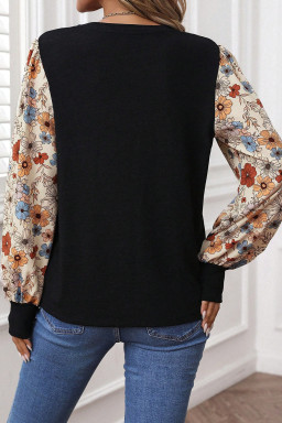 Apricot Flower Puff Sleeve Patchwork Top
