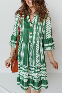 Green Boho Ethnic Print Half Button 3/4 Sleeve Casual Dress