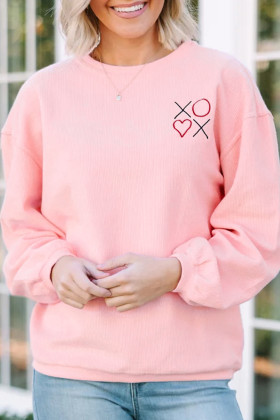 Pink 3d Ribbed XOXO Heart Embroidered Drop Shoulder Sweatshirt