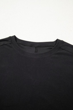 Black Solid Color Bow Textured Patchwork Long Sleeve Tee