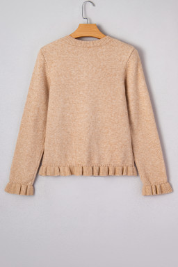 Oatmeal Ruffle Trim Gold Button Sweater Cardigan