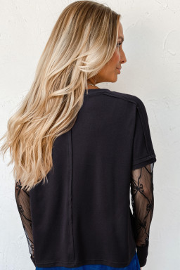 Black Solid Color Bow Textured Patchwork Long Sleeve Tee