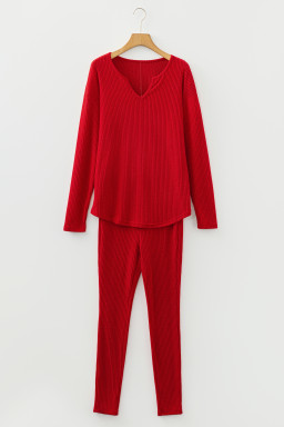 Racing Red Ribbed Notched Neck Knit Long Sleeve Leggings Two Pieces Lounge Set
