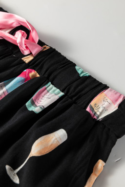 Color black Christmas Wine Glass Print Bow Knot Two Piece Pajama Set