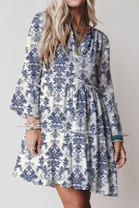 Sky Blue Boho Floral Print Lettuce Trim 3/4 Sleeve Mini Dress