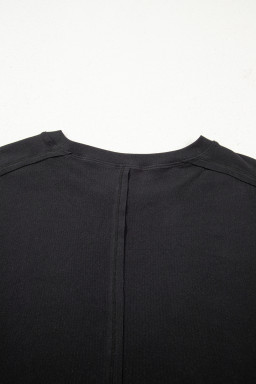 Black Solid Color Bow Textured Patchwork Long Sleeve Tee