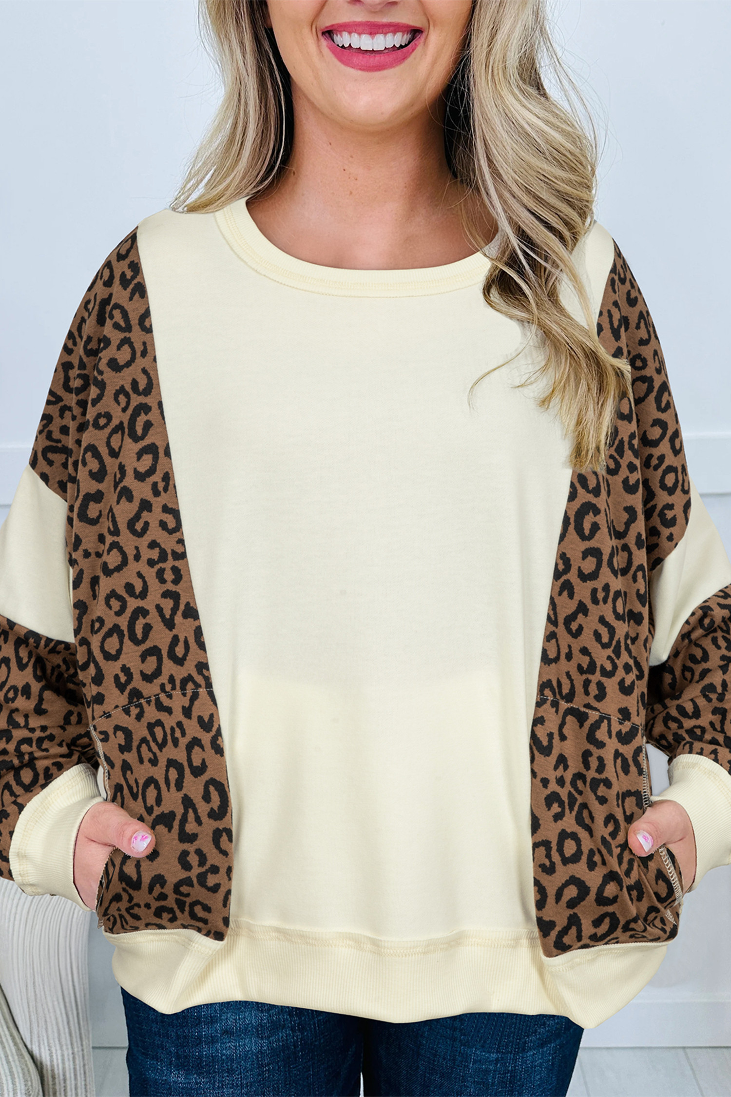 Beige Raw Seam Color Block Leopard Patchwork Baggy Long Sleeve Top