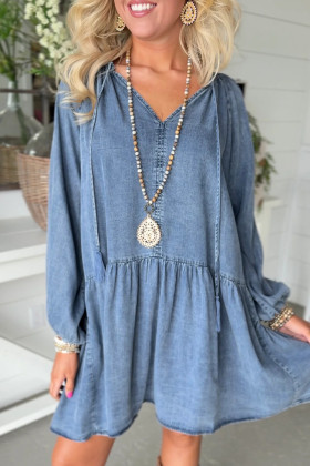 Myosotis Denim Puff Sleeve V Neck Ruffled Loose Mini Dress