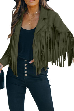 Green Cropped Fringe Faux Suede Jacket