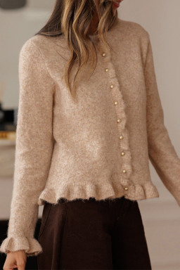 Oatmeal Ruffle Trim Gold Button Sweater Cardigan