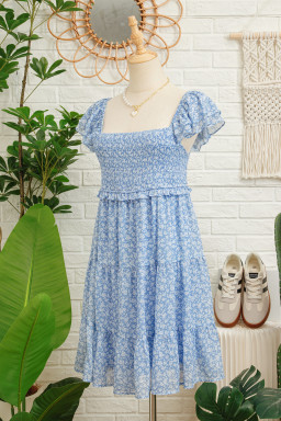Sky Blue Floral Print Square Neck Flutter Sleeve Smocked Tiered Mini Dress