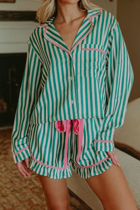 Green Stripe Contrast Ricrac Trim Long Sleeve Shirt Ribbon Drawstring Pajama Short Set