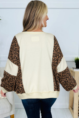 Beige Raw Seam Color Block Leopard Patchwork Baggy Long Sleeve Top
