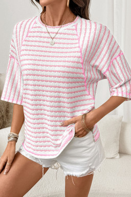 Pink Stripe Textured Knit Split Hem Half Sleeve Loose Top