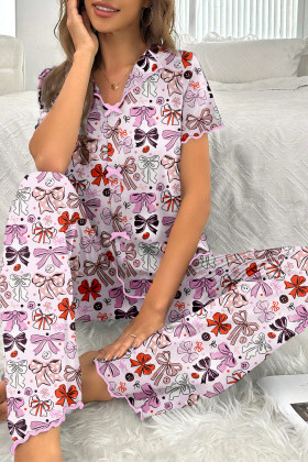 Pink Diverse Bows Buttons Printed Contrast Trim Short Sleeve Shirt Pajama Pant Set