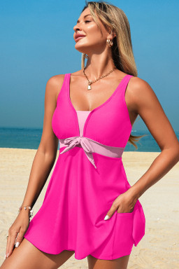 Rose Red Color Block Patchwork Bow Knot Detail Sleeveless Swim Dress