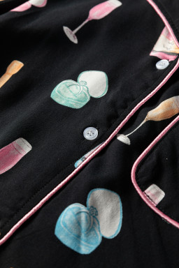 Color black Christmas Wine Glass Print Bow Knot Two Piece Pajama Set