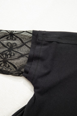 Black Solid Color Bow Textured Patchwork Long Sleeve Tee